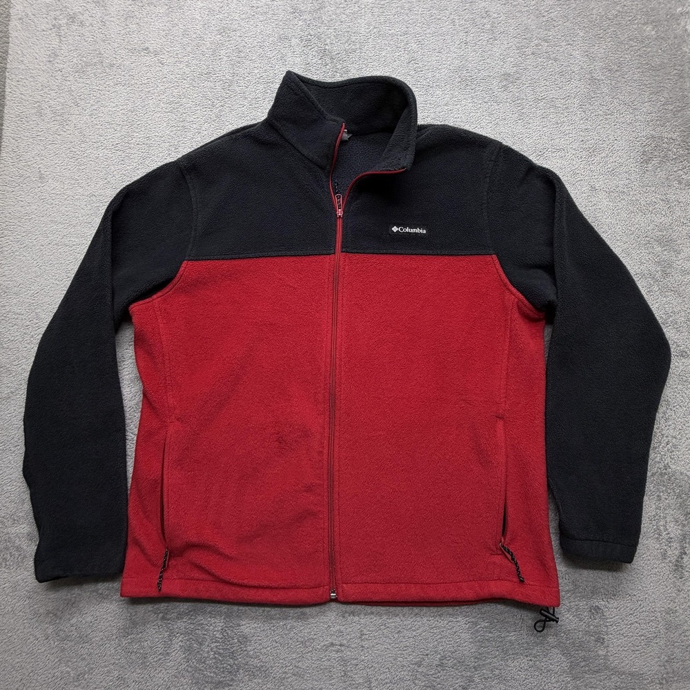 Columbia Fleece Jacket Mens XL Red Black Full Zip Stand Collar Zip Pockets Warm